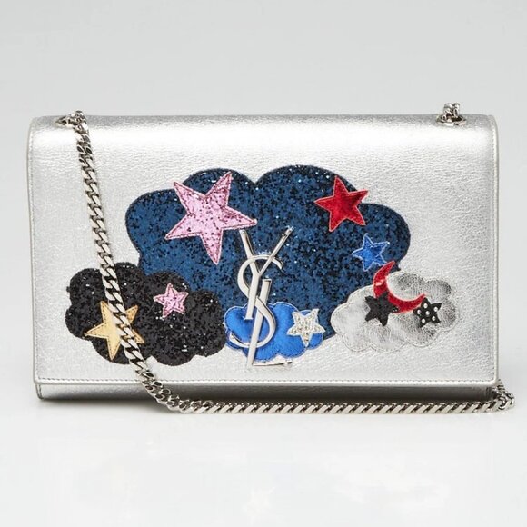 Yves Saint Laurent Silver Leather Cloud Star Monogram Medium Kate Flap Bag - Picture 1 of 10